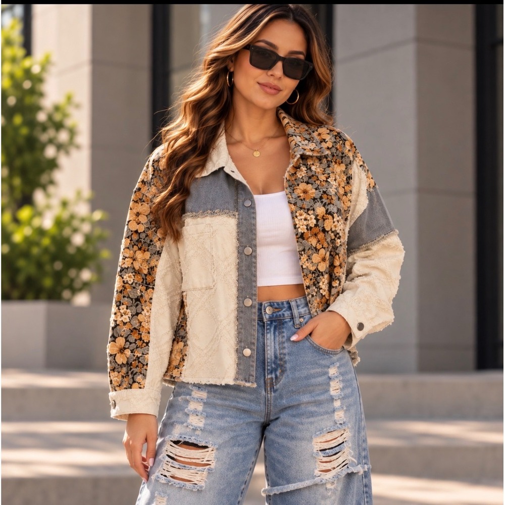 POL Patchwork Floral Corduroy Denim Lace Oversized Distressed Shacket Jacket S